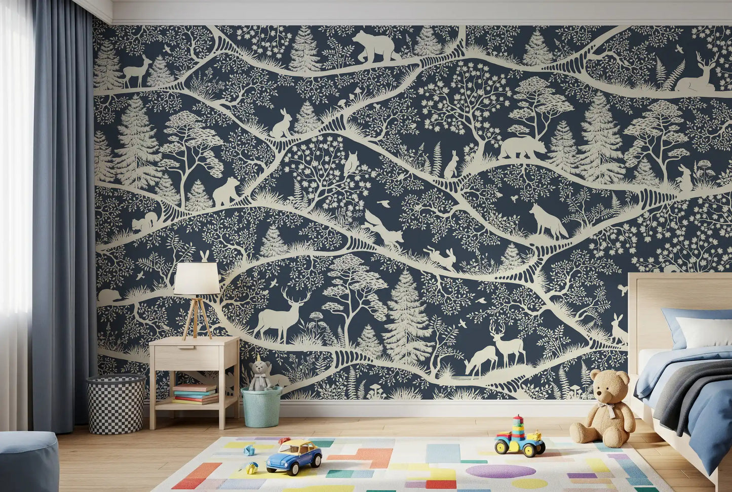 Scandinavian forest animals wall mural blue white wildlife pattern