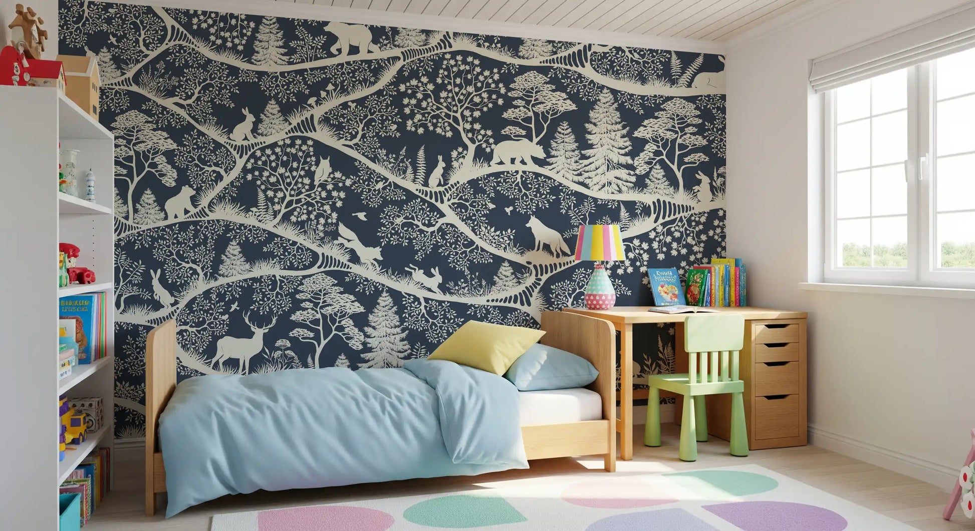 Minimal nature wall mural blue white Scandinavian forest illustration