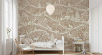 Scandinavian woodland wall mural brown white deer trees bedroom design