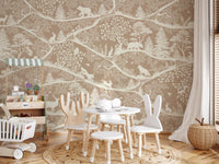 Elegant Scandinavian forest wall mural brown white deer rabbit theme