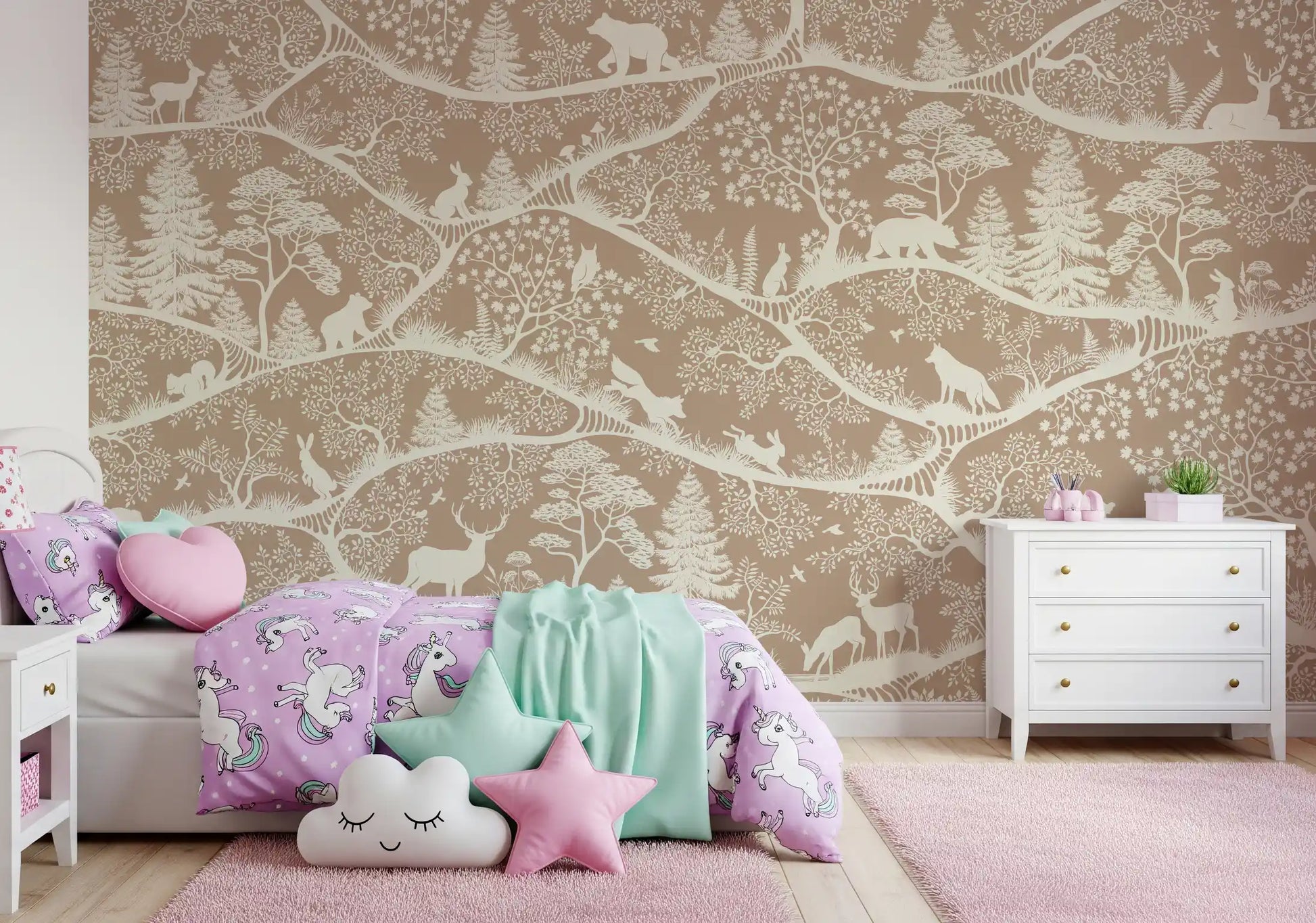 Nordic Nature wall mural woodland animals trees neutral tone design