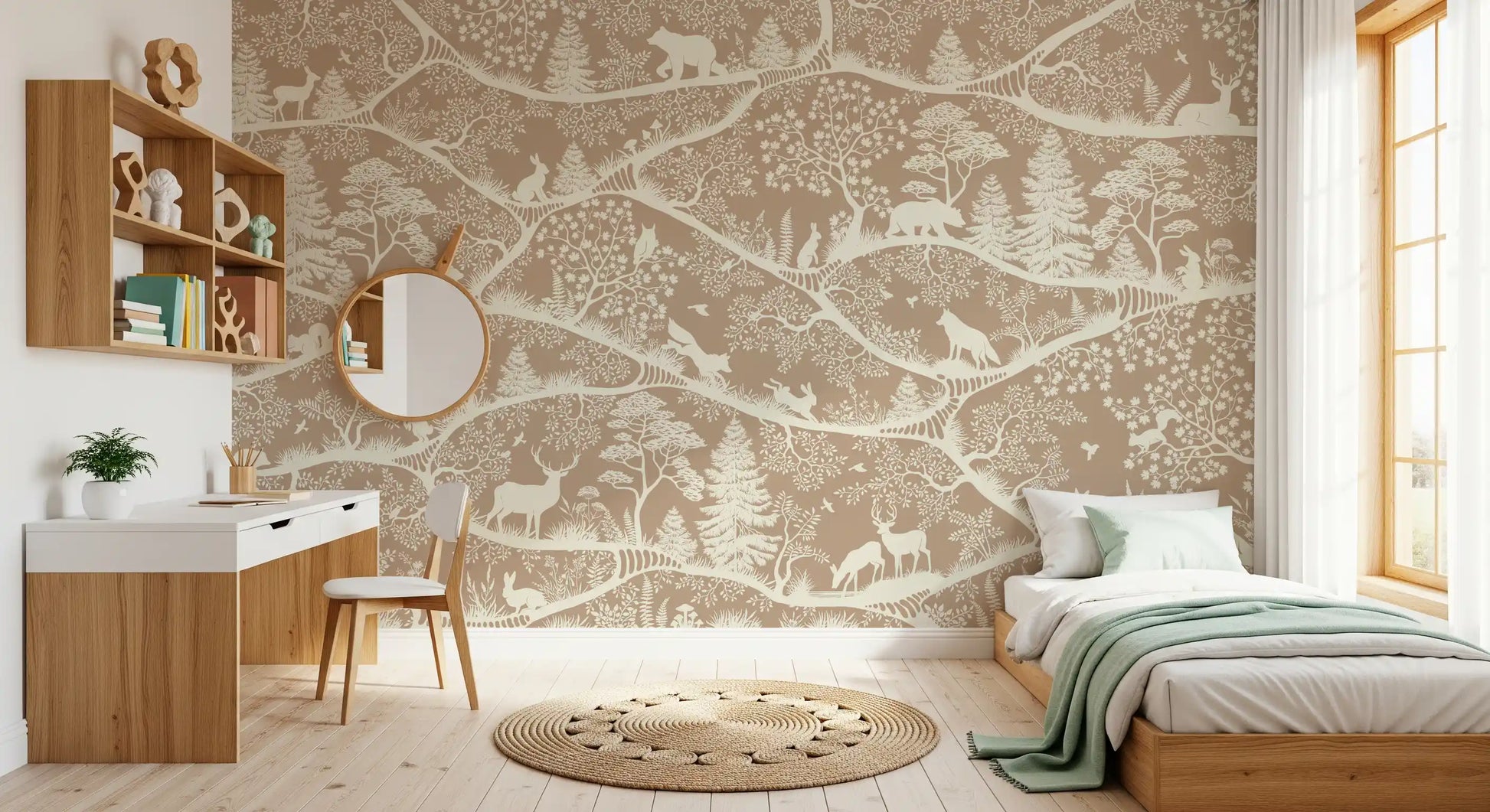 Scandinavian nature wall mural deer fox trees neutral brown white design
