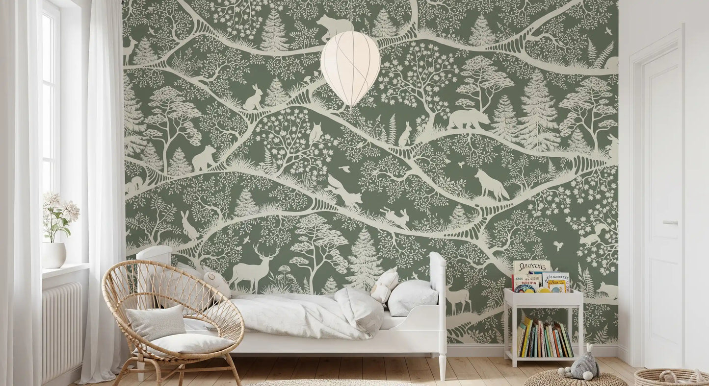 Scandinavian trees animals mural green forest design wall mural