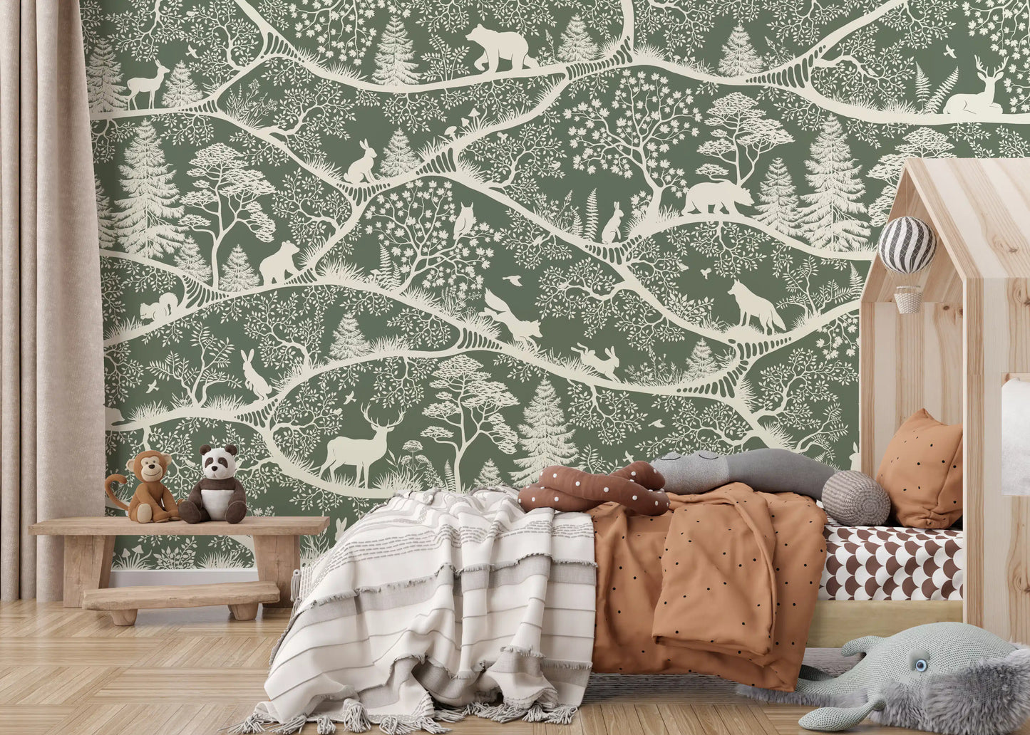 Nordic wildlife trees mural kids room green forest wall mural