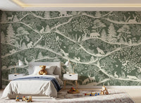 Forest animal silhouette mural nordic woodland green wall mural