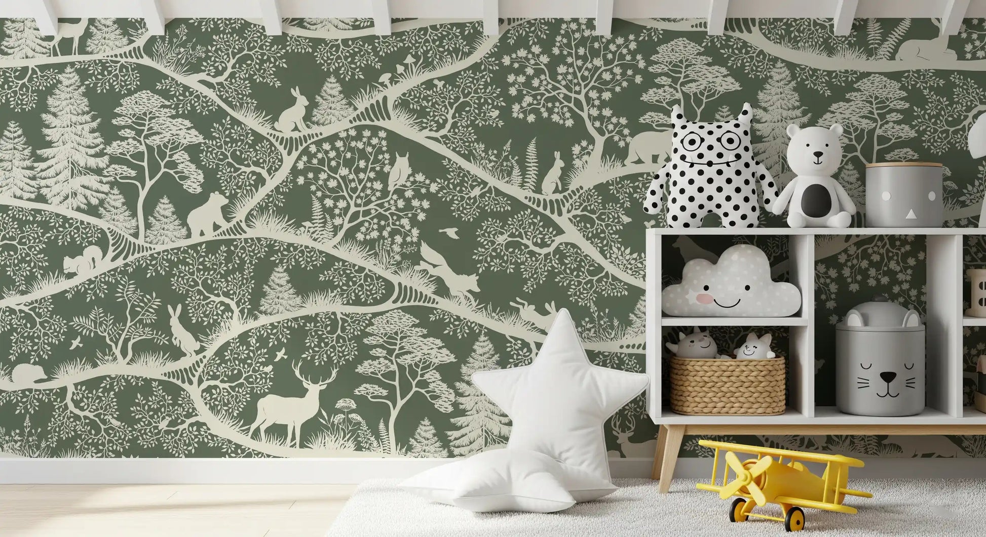 Forest animals pattern mural nursery room green white wall mural
