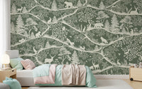 Scandinavian forest mural deer rabbit trees green wall mural