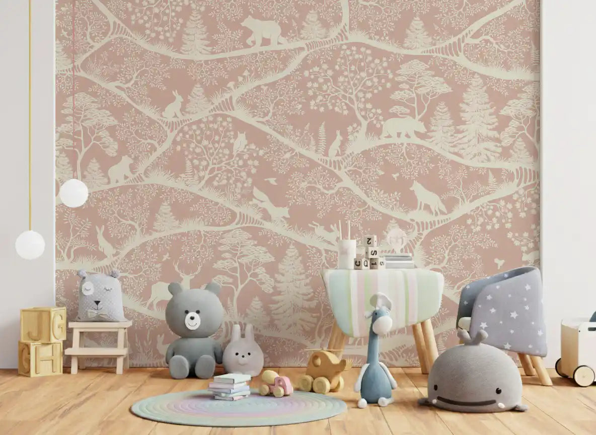 Nature animal silhouette mural nordic woodland pink wall mural
