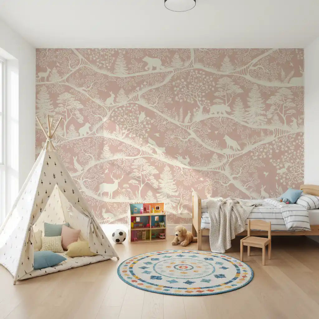 Pink forest animal mural nordic nature wildlife wall mural