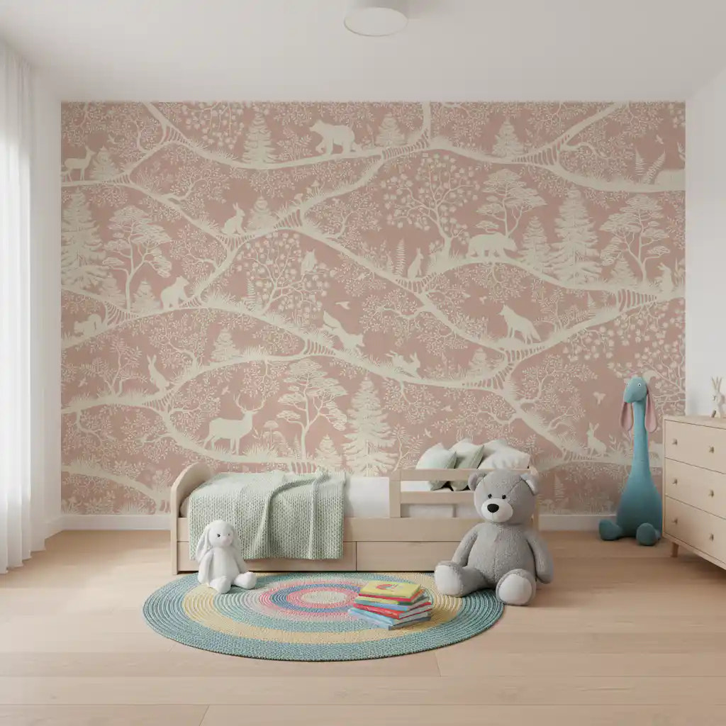 Nordic nature animal mural bedroom pink forest wall mural
