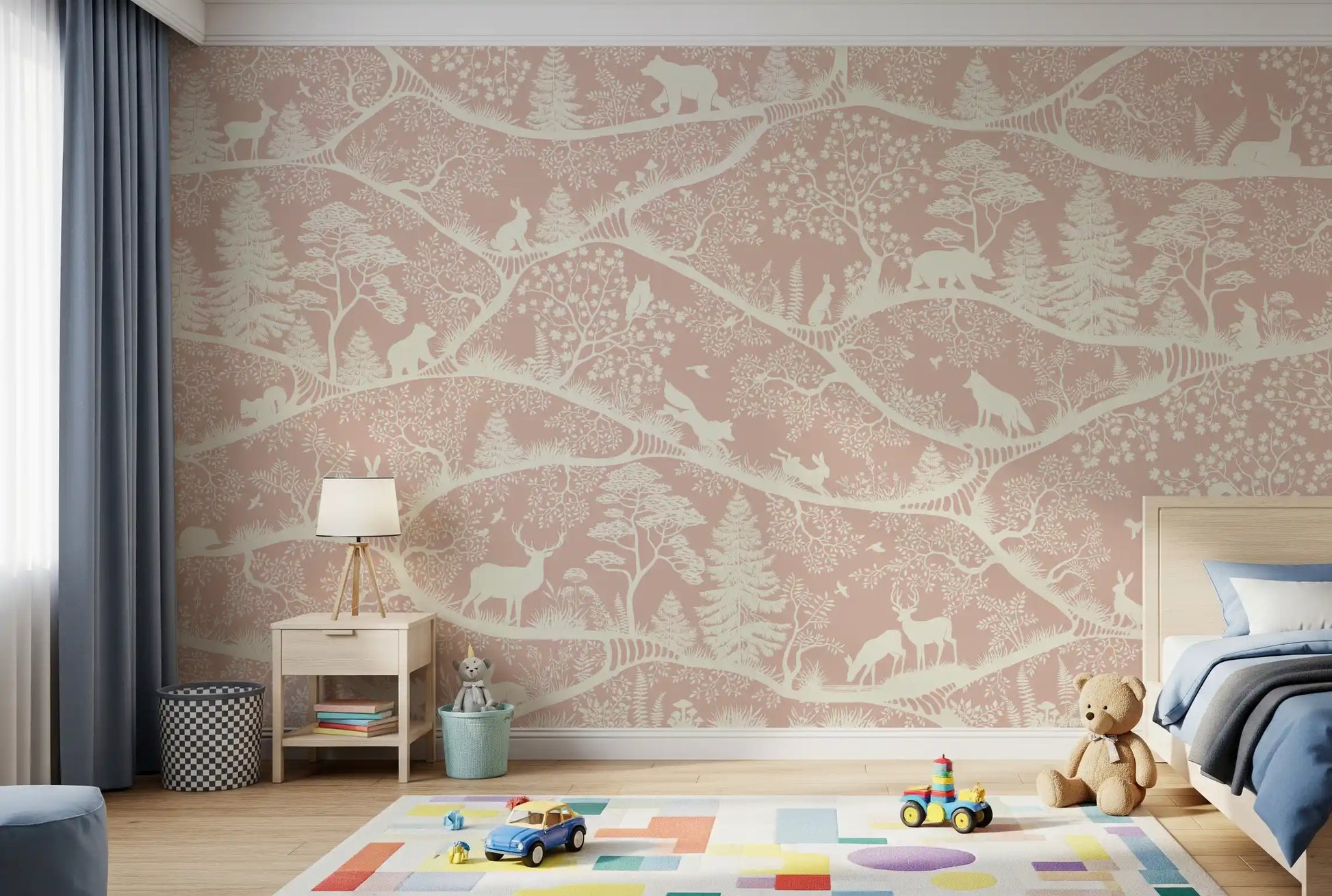 Nordic forest pattern mural animals branches pink wall mural