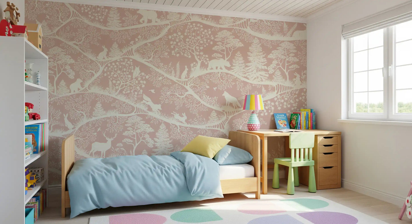 Nordic wildlife forest mural kids room pink white wall mural