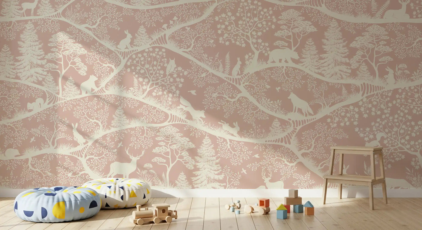 Forest wildlife illustration mural nordic pink white wall mural