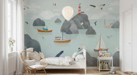 Seaside boats lighthouse mural kids room ocean scene wall mural