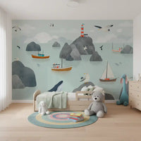 Nautical ocean mural lighthouse boats and seagulls wall mural