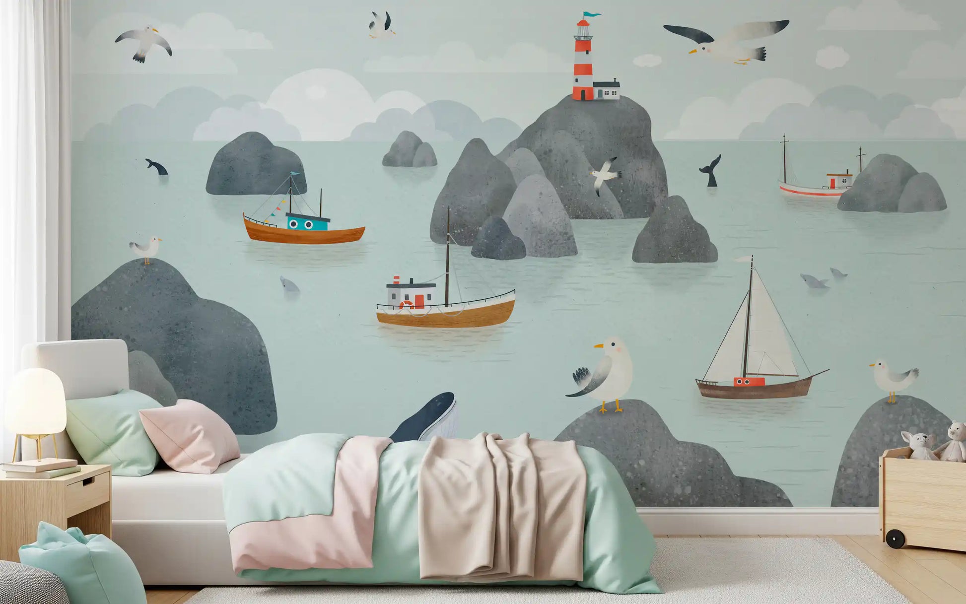 Seaside boats lighthouse mural ocean harbor illustration wall mural