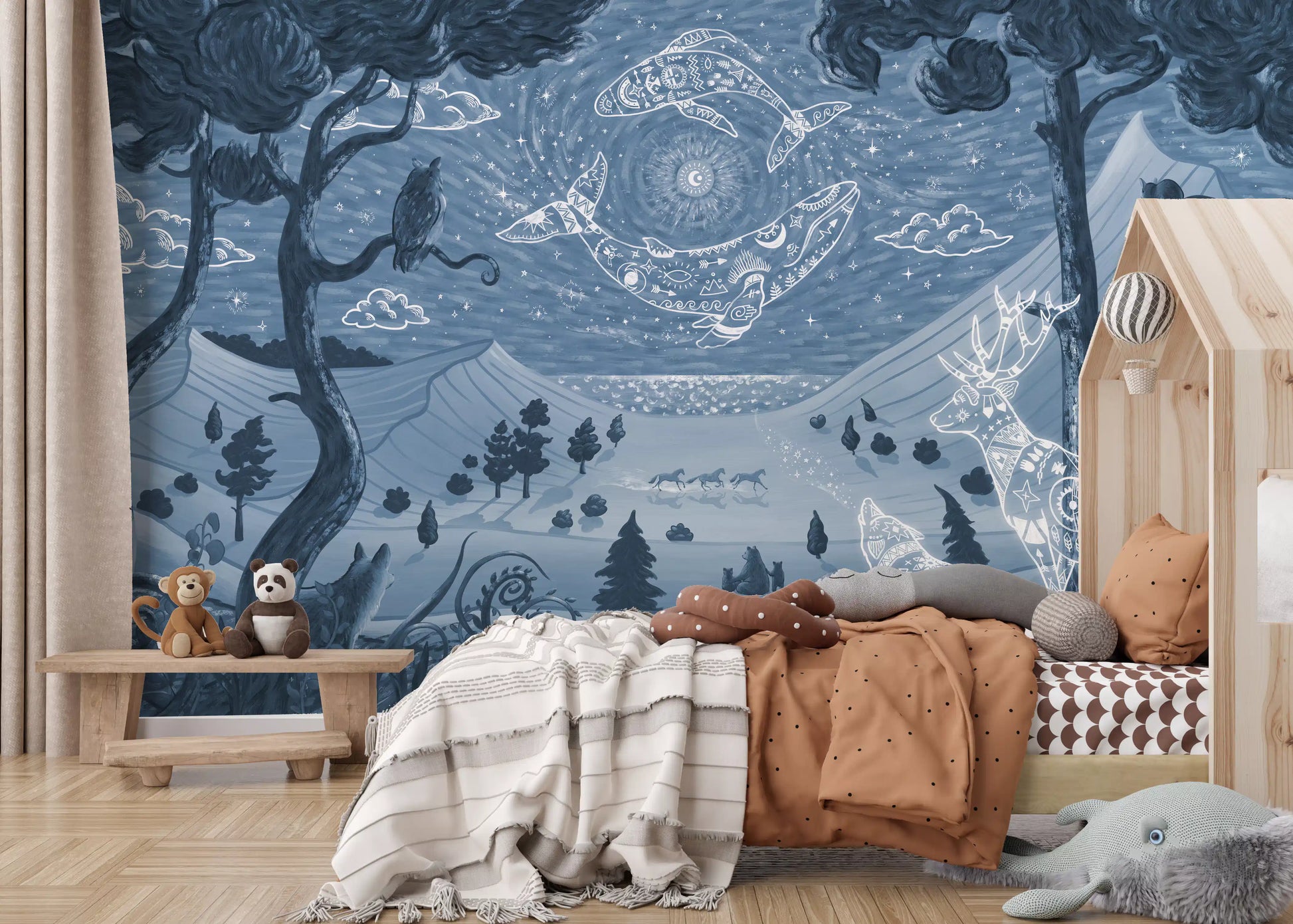 Artistic nature spirit mural celestial animals blue wall mural