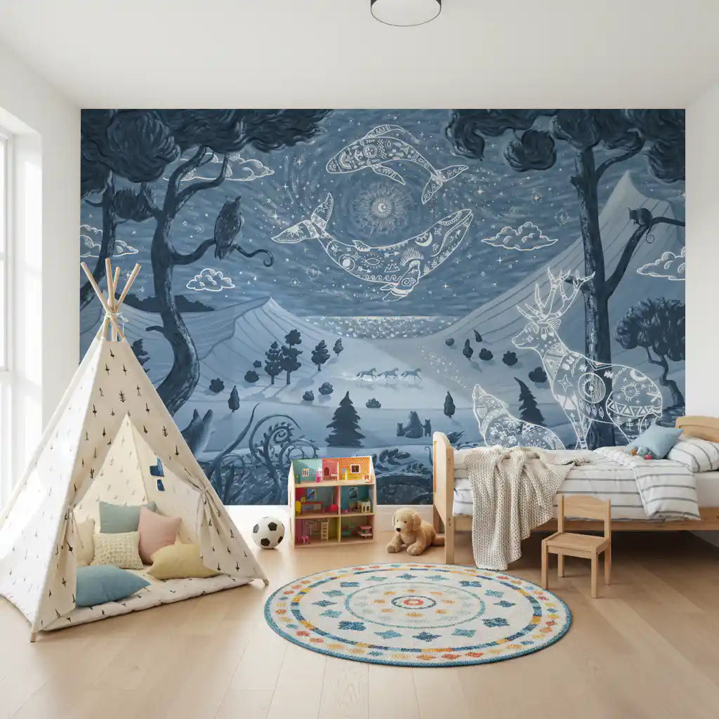 Blue celestial forest mural bedroom spirit night animals wall mural