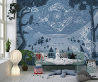Symbolic wildlife celestial mural spirit night blue forest wall mural