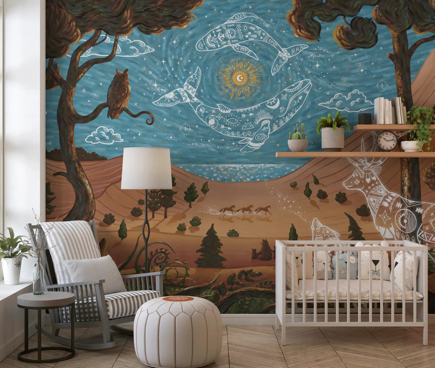 Kids room setup with night landscape wall mural and symbolic animals