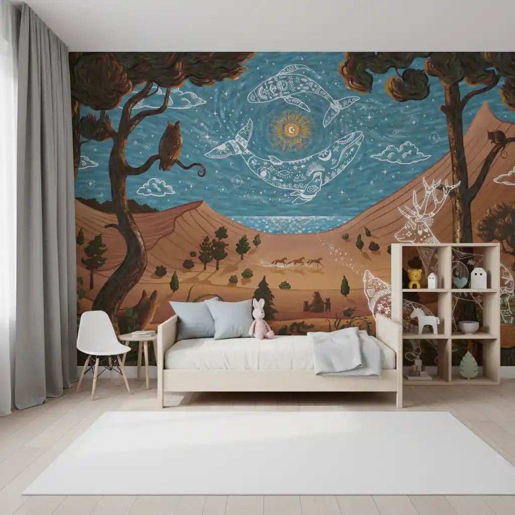 Mystical forest Night wall mural with deer, wolf, and celestial sky design