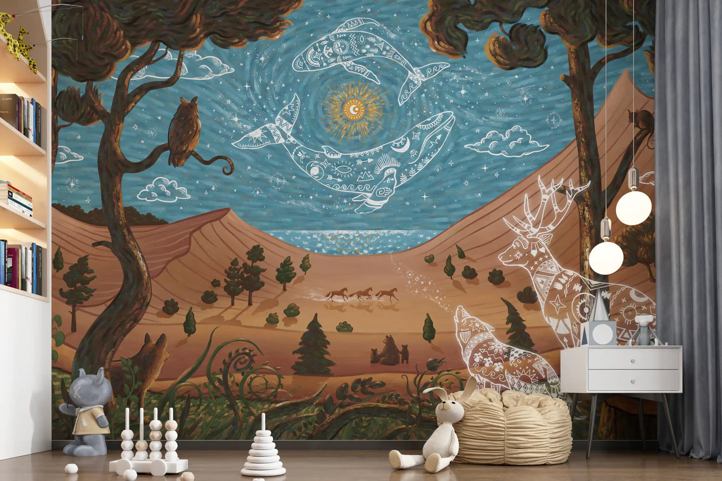 Children room styled fantasy forest wall mural with glowing deer and wolf