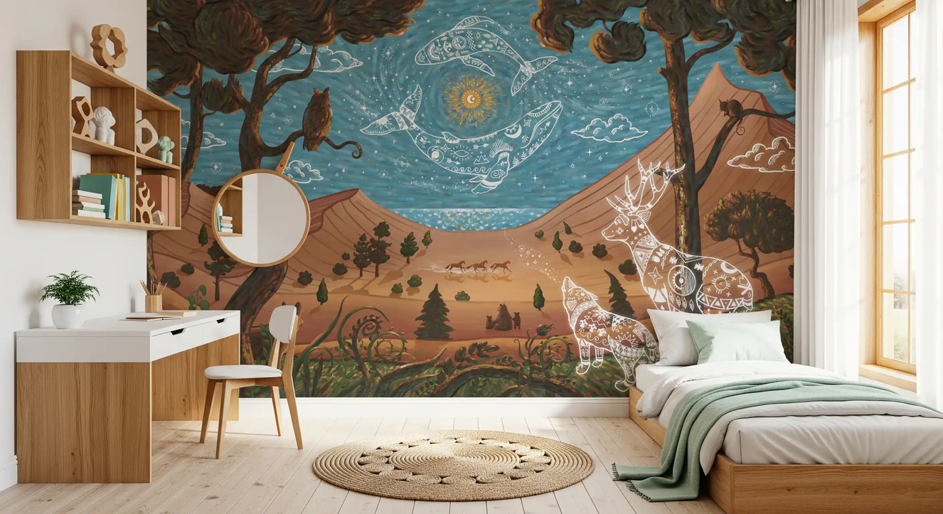 Kids room decor with spirit night wall mural and mystical animal scene