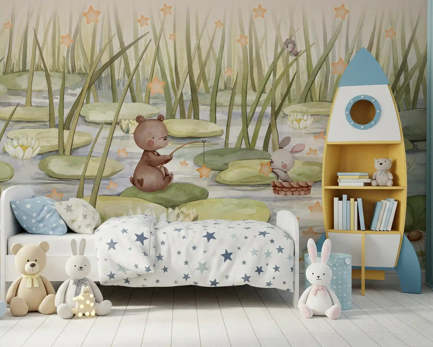 Kids illustration wall mural with pond water and floating star shapes