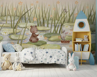 Kids illustration wall mural with pond water and floating star shapes