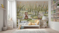 Watercolor pond wall mural with lily pads and soft star elements