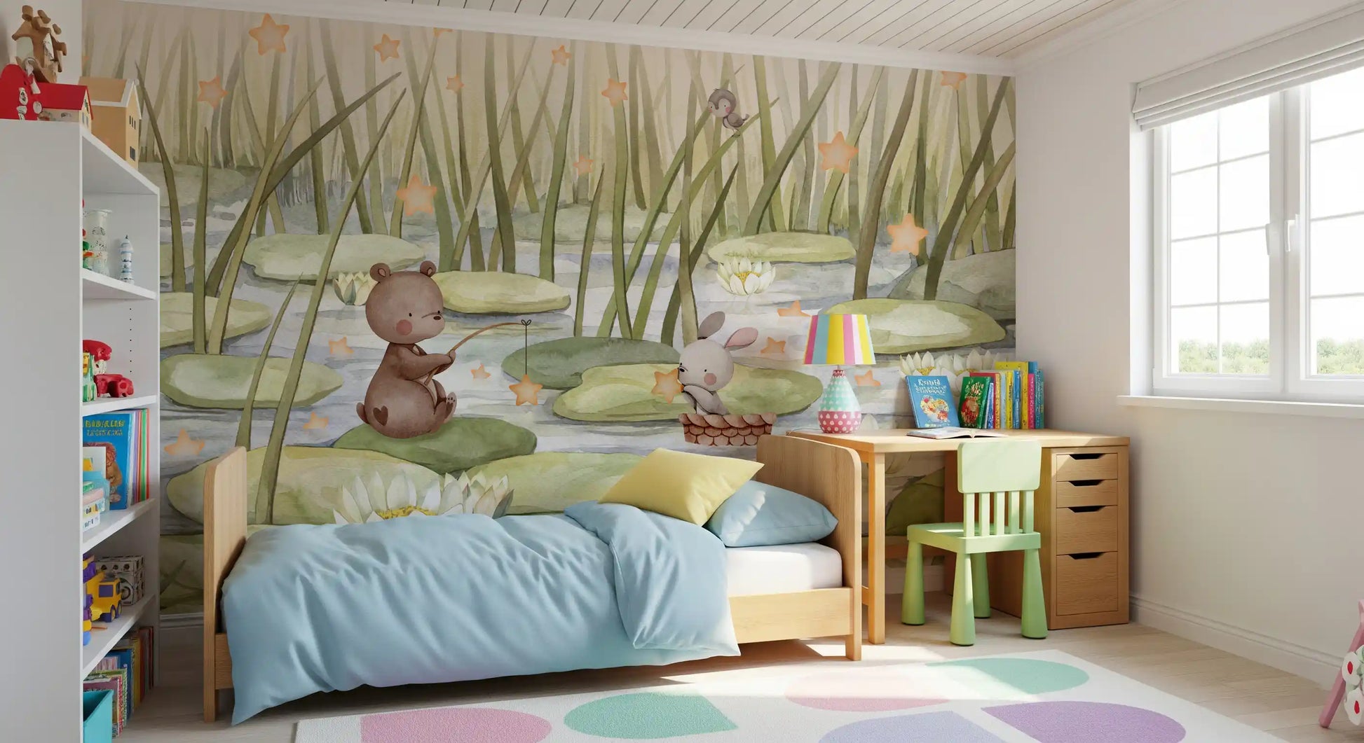 Cartoon nature Starry Pond wall mural with lily flowers and soft pastel tones