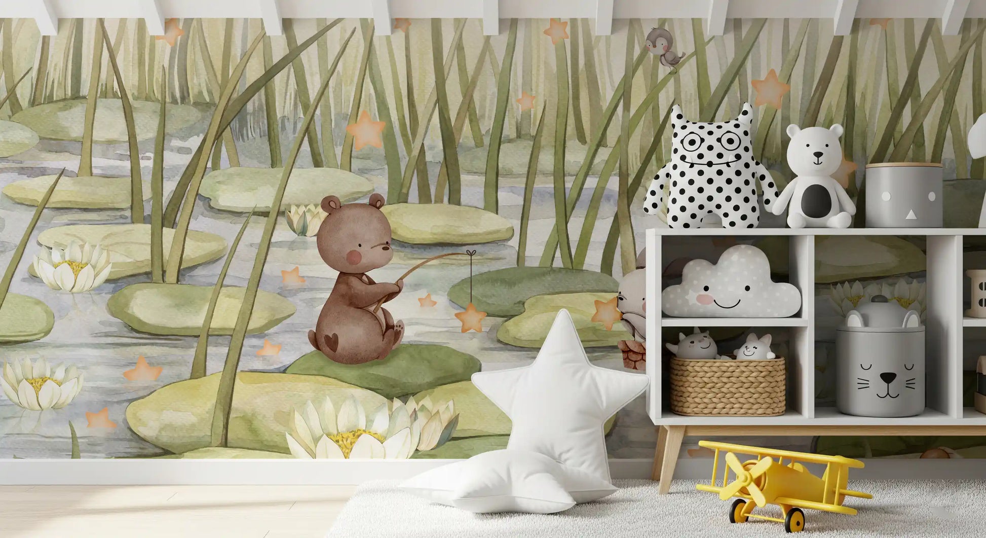 Playroom interior with cute animal wall mural and pond illustration