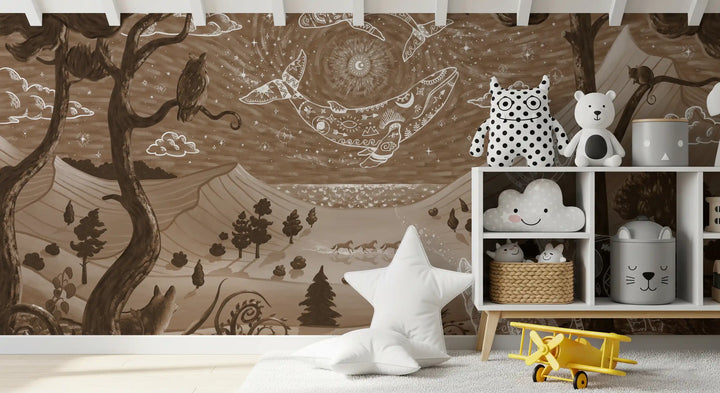 Play area decor with spirit night wall mural and mystical animal artwork