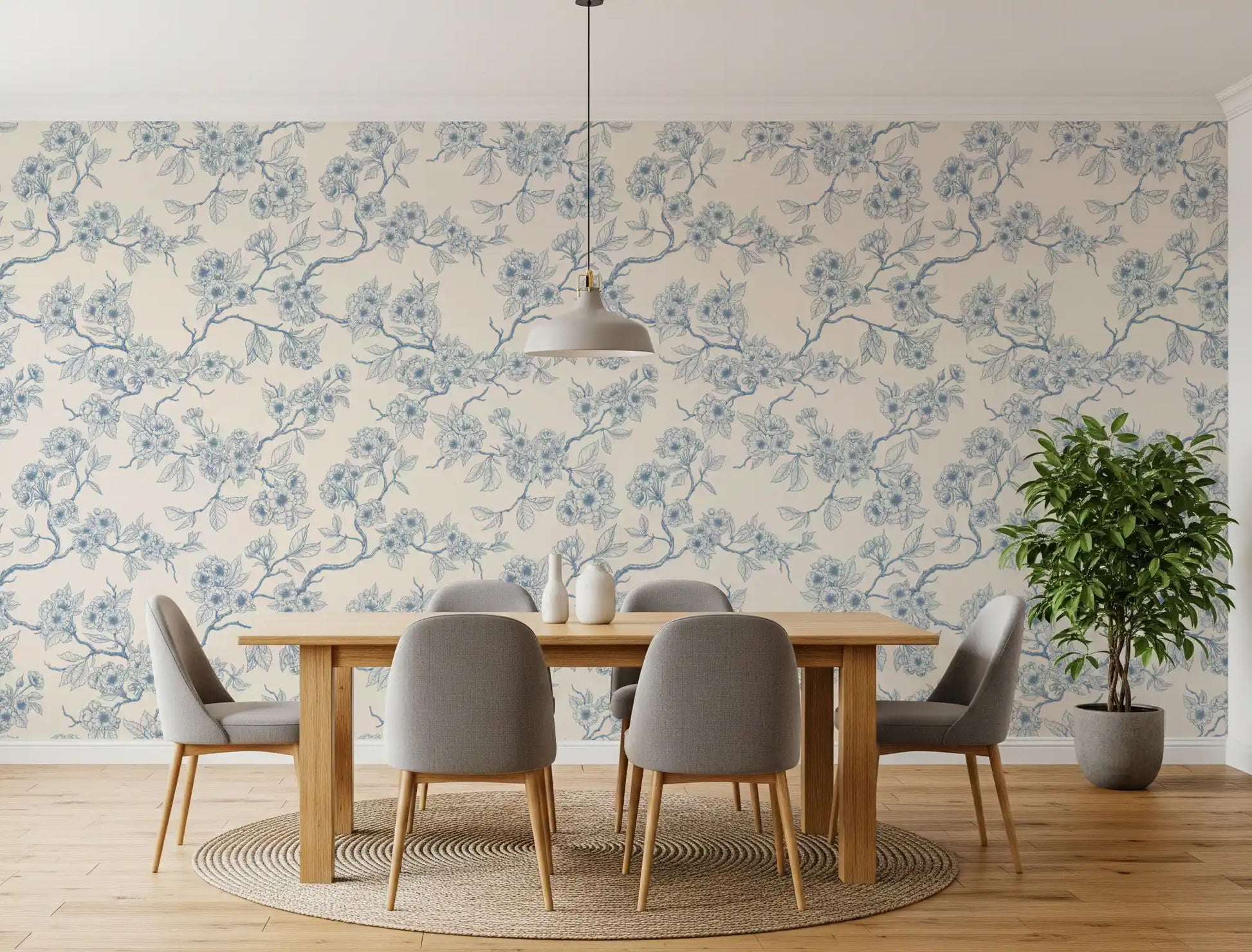 Elegant floral wallpaper with blue blossom branches and fine line texture