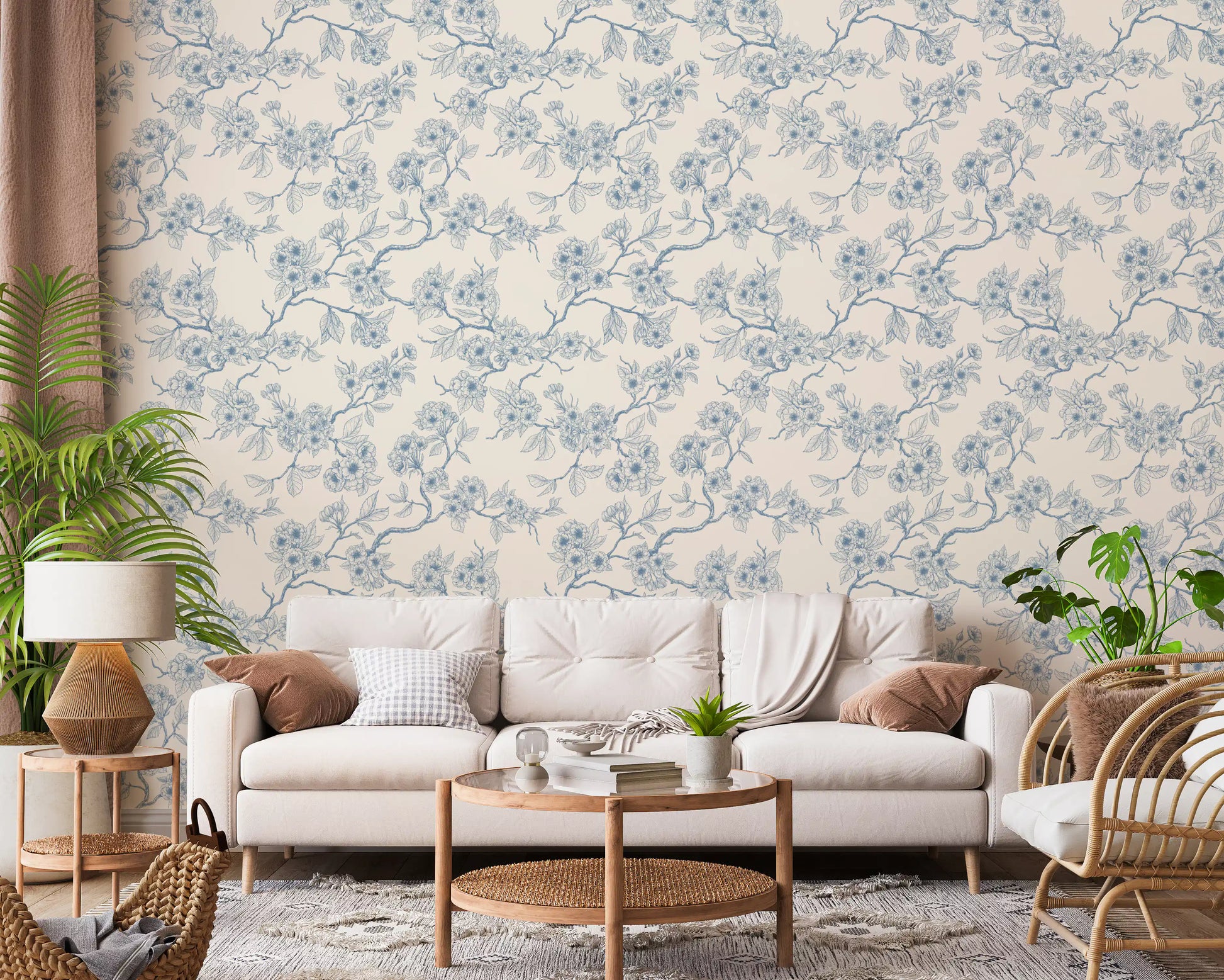 Living room decor with cherry blossom wallpaper and blue branch pattern