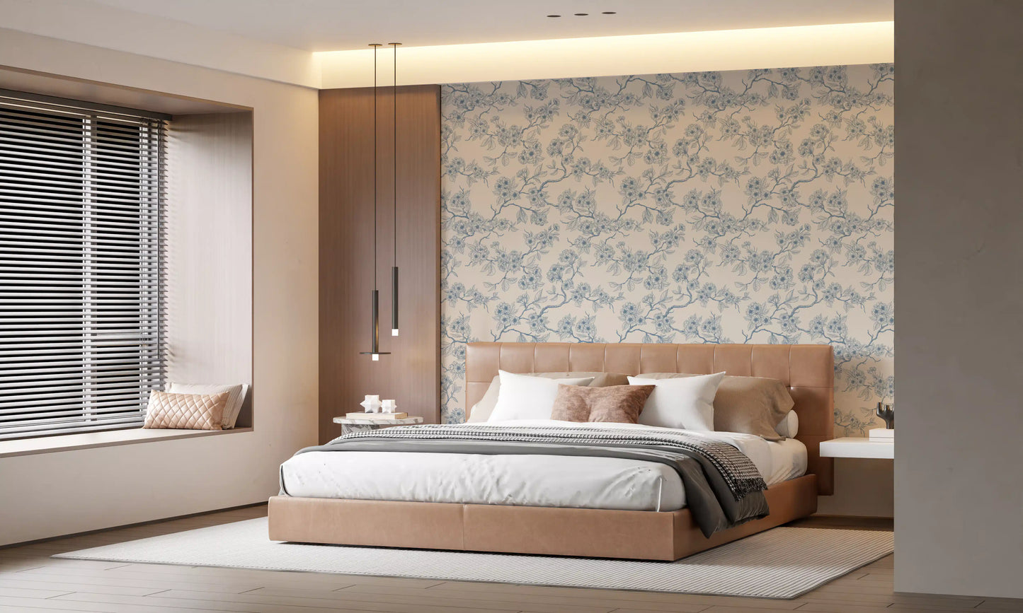 Bedroom styled floral branch wallpaper with off white and blue detailing