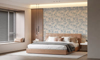Bedroom styled floral branch wallpaper with off white and blue detailing