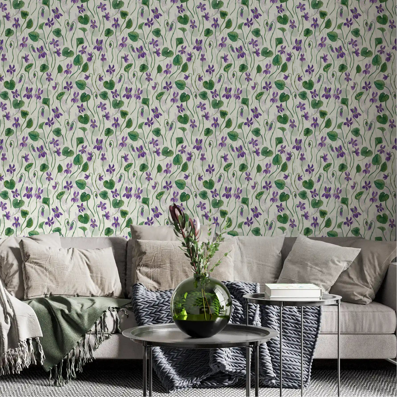 Living room decor with watercolor violets wallpaper on soft off white base