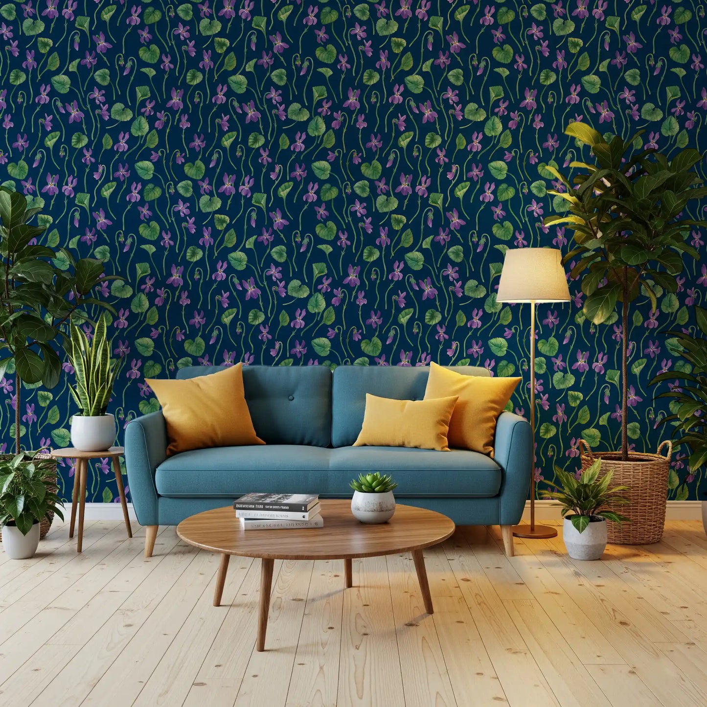 Hallway styled violet floral wallpaper with green leaves on navy blue base