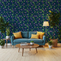 Hallway styled violet floral wallpaper with green leaves on navy blue base