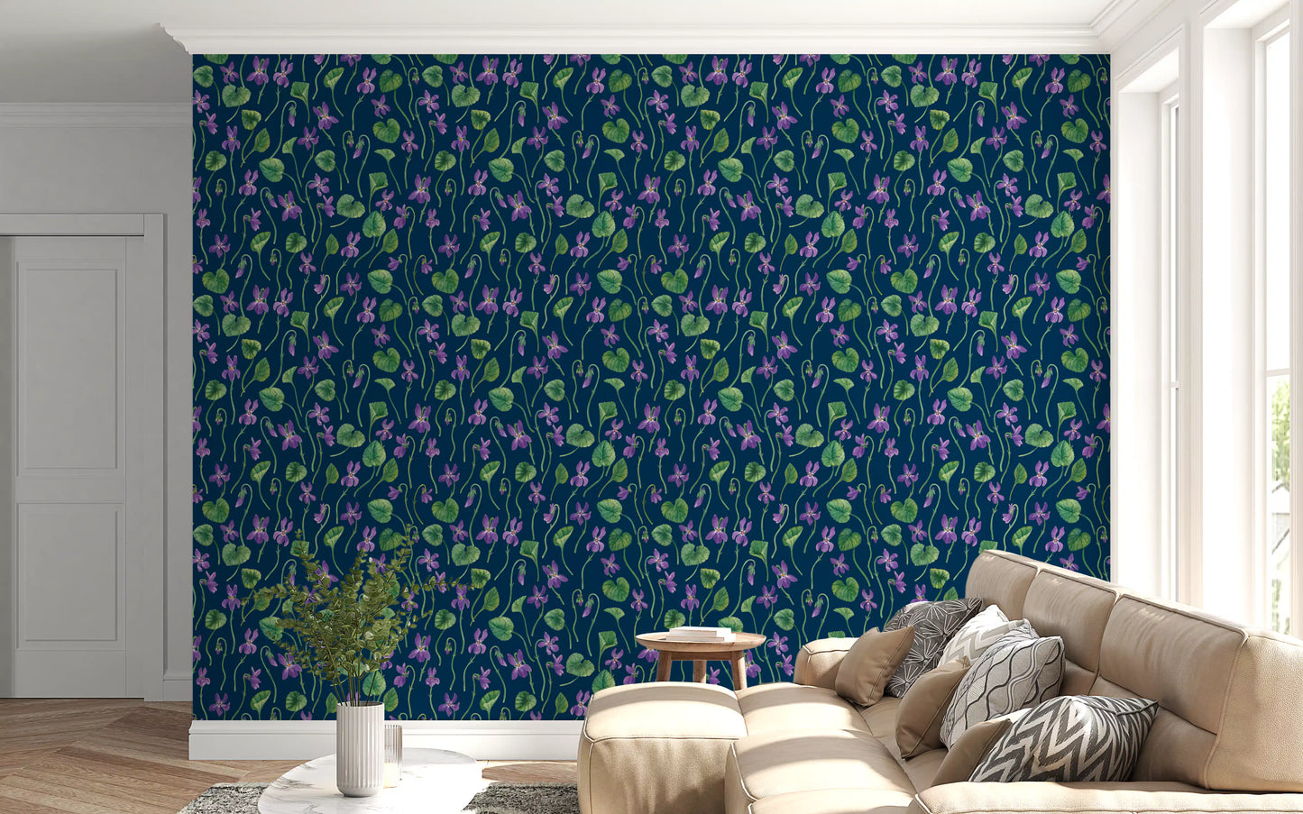 Living room decor with watercolor violets wallpaper and deep blue background
