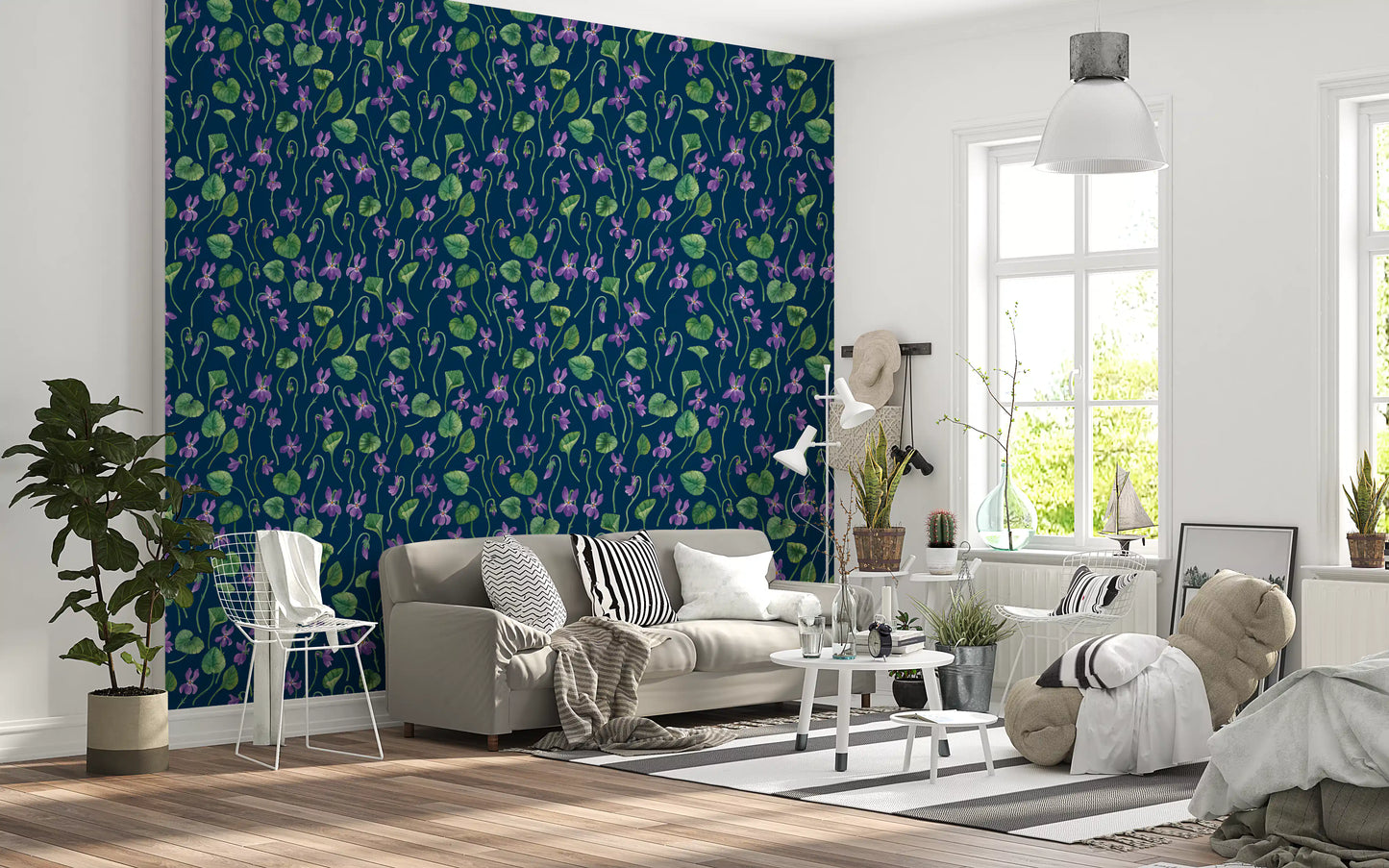 Dark blue wallpaper with watercolor violet flowers and leaf detailing