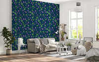 Dark blue wallpaper with watercolor violet flowers and leaf detailing