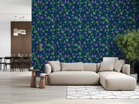 Living room design using watercolor flower wallpaper with violet blooms pattern
