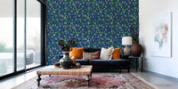 Artistic floral wallpaper with violet blooms and deep blue base