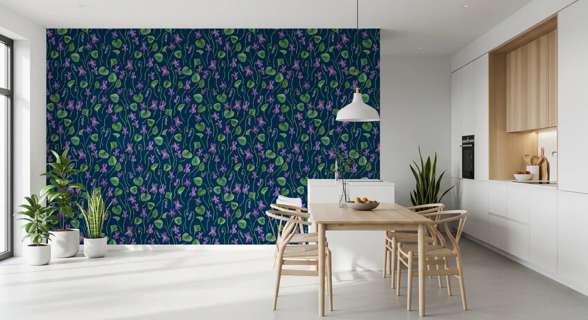 Elegant violet floral wallpaper with hand painted botanical elements