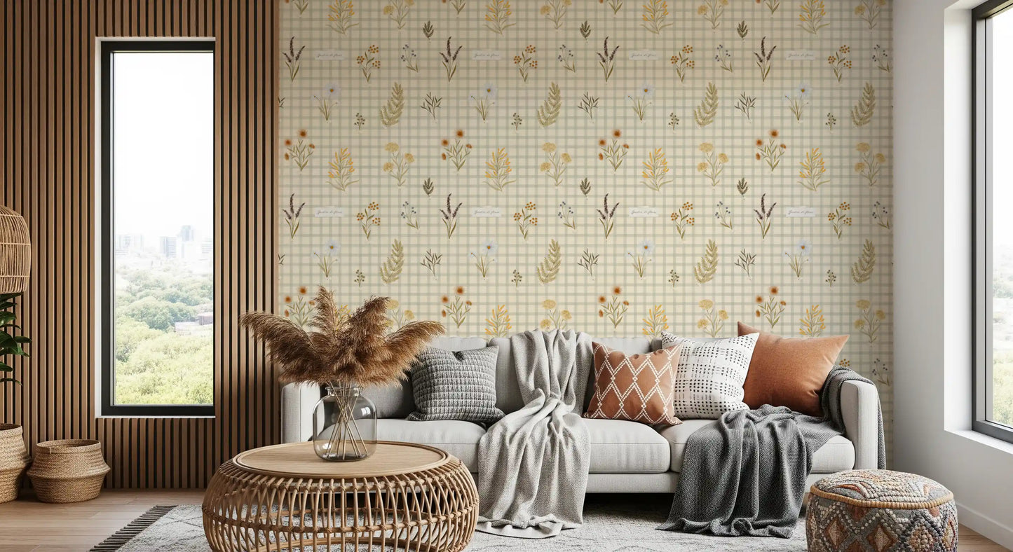 Garden inspired wallpaper with wildflowers and subtle checkered background