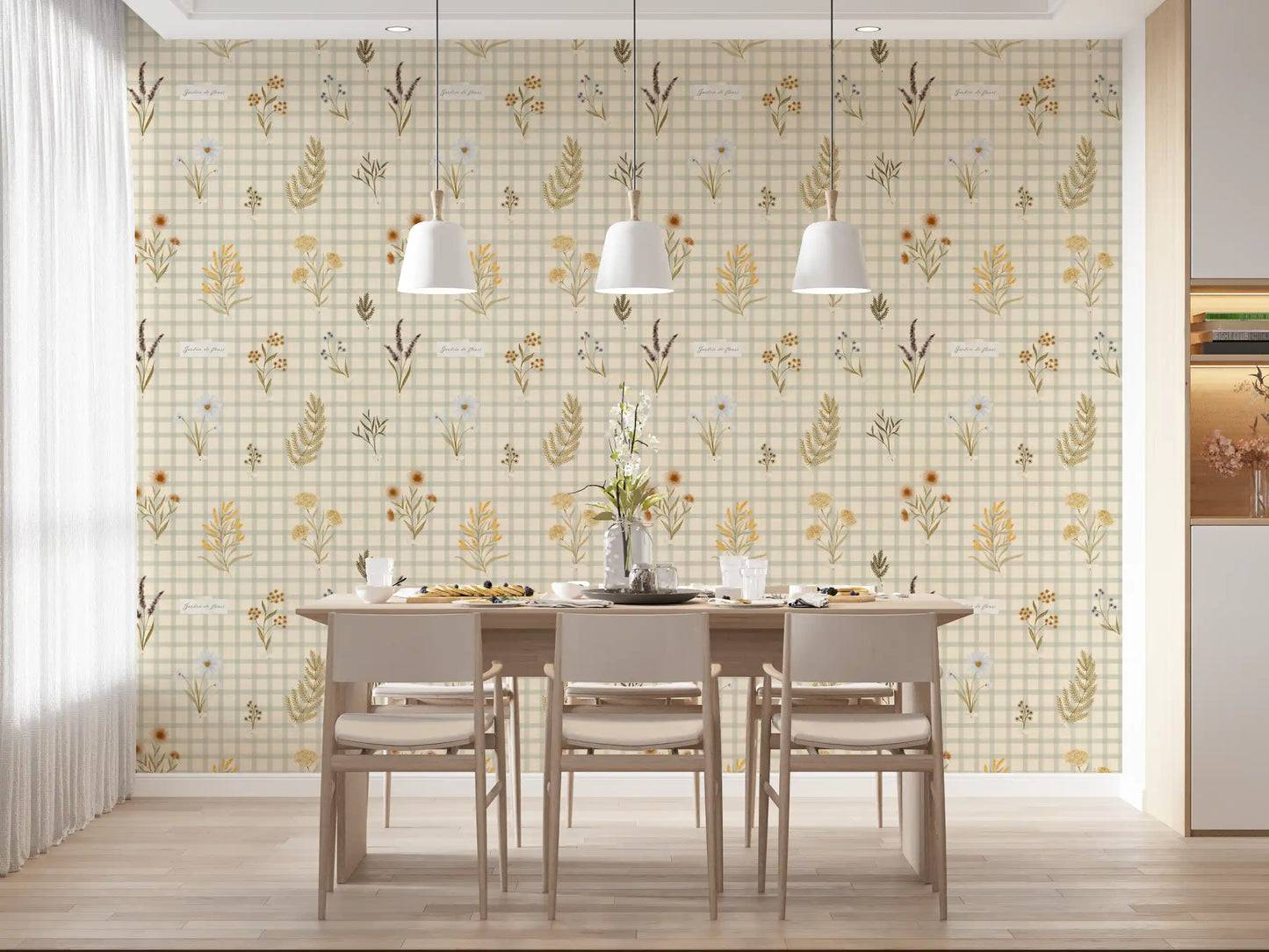 Botanical wildflower wallpaper with gingham grid and neutral tones