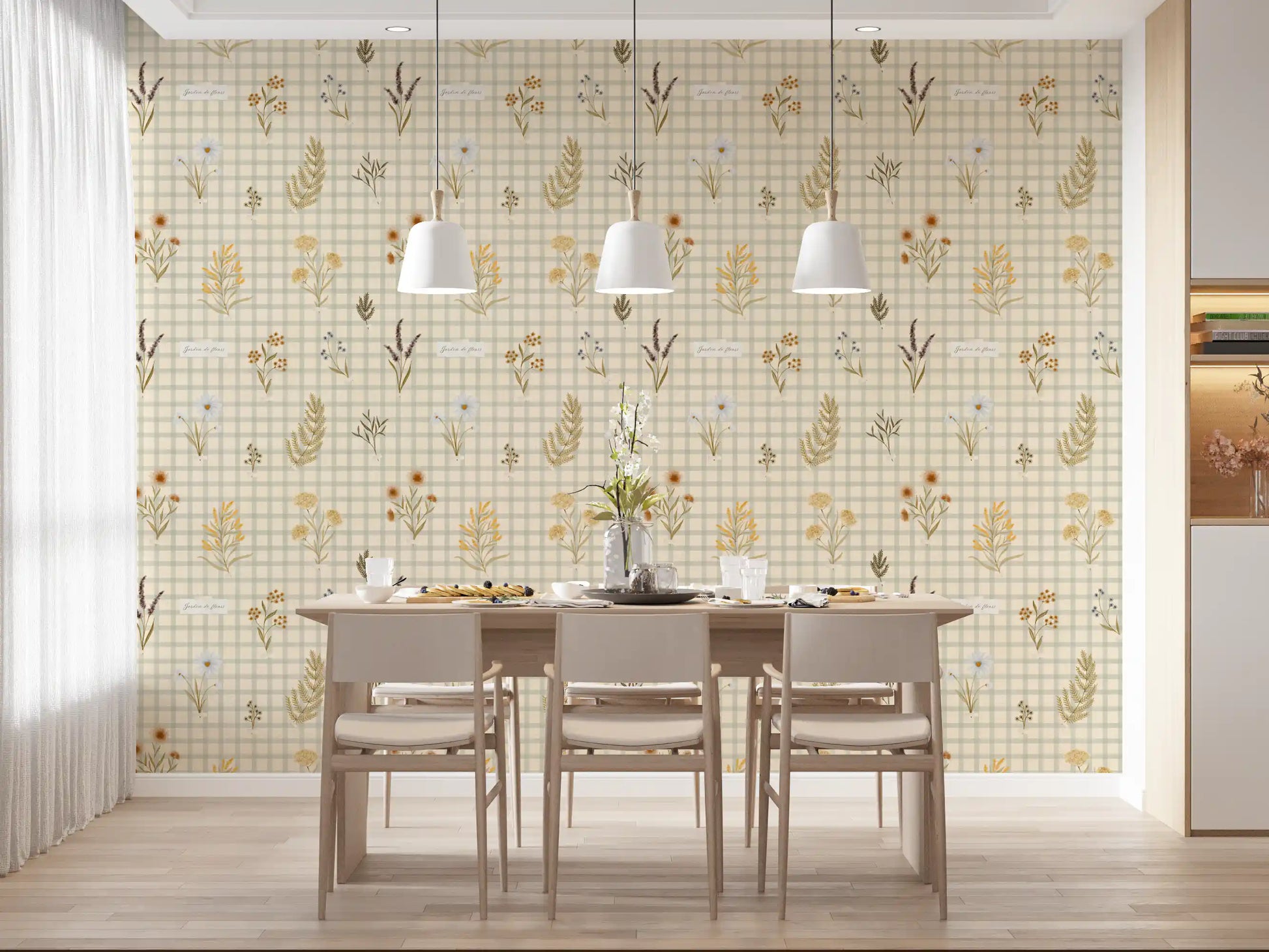 Botanical wildflower wallpaper with gingham grid and neutral tones