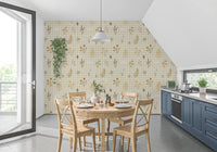 Vintage botanical wallpaper with soft grid pattern and floral Gingham elements